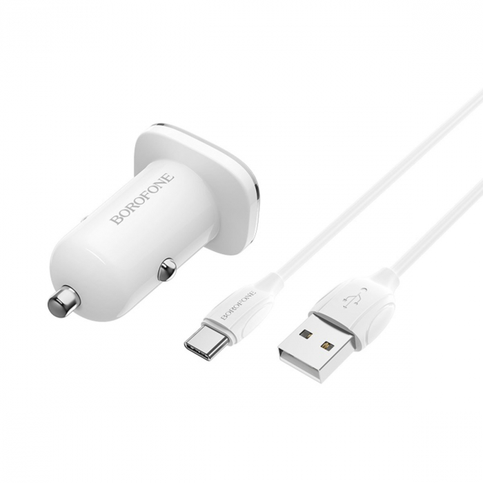 Incarcator auto Borofone, BZ12A Lasting, dual USB QC3.0, 3.6A, cablu Type-C inclus, 1m, Alb [2]