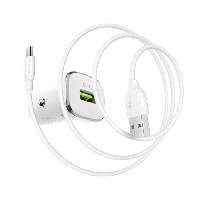 Incarcator auto Borofone, BZ12A Lasting, dual USB QC3.0, 3.6A, cablu Type-C inclus, 1m, Alb [3]