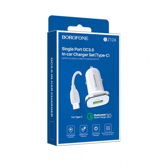 Incarcator auto Borofone, BZ12A Lasting, dual USB QC3.0, 3.6A, cablu Type-C inclus, 1m, Alb [5]