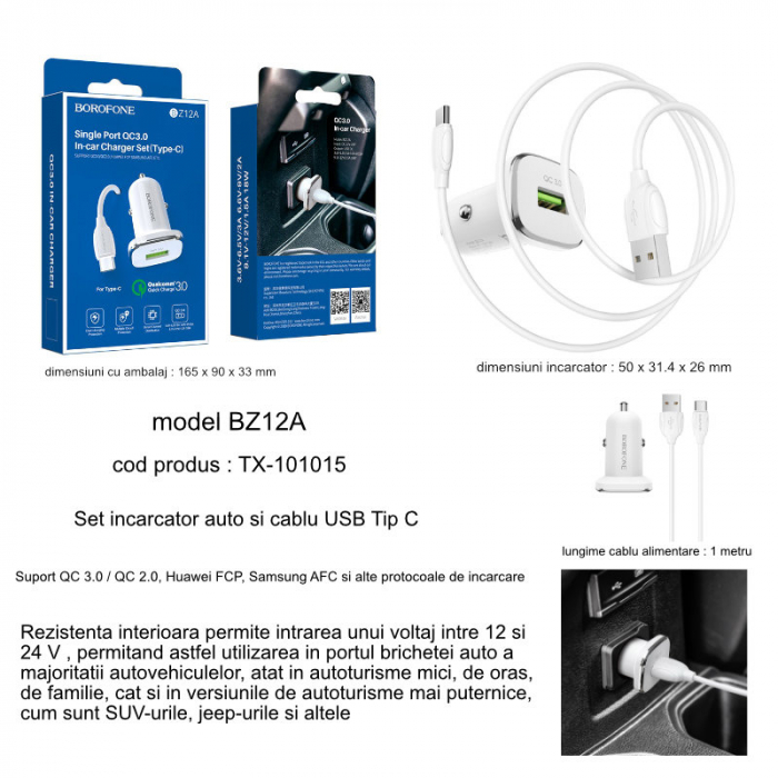 Incarcator auto Borofone, BZ12A Lasting, dual USB QC3.0, 3.6A, cablu Type-C inclus, 1m, Alb [6]