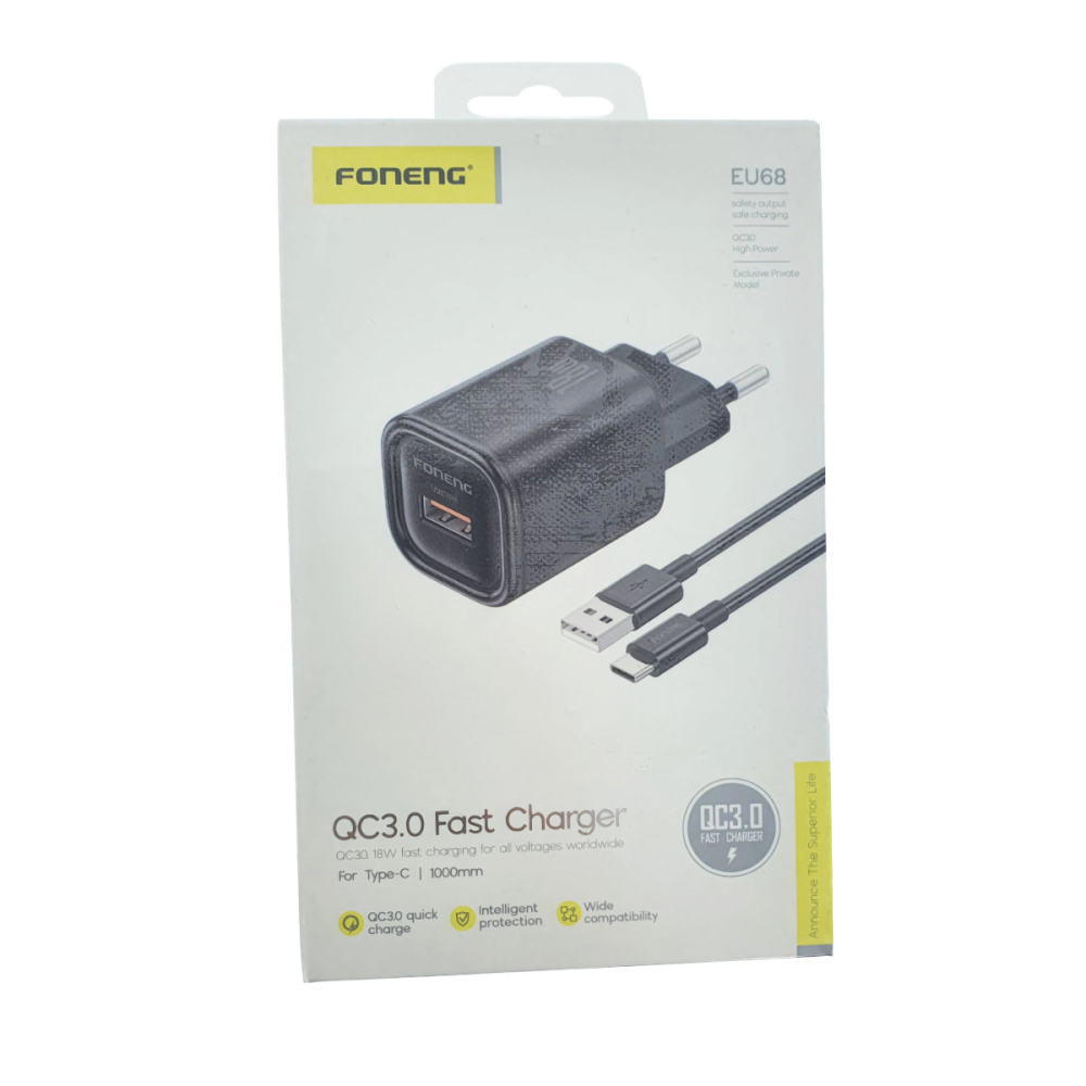 Set Incarcator Rapid USB QC 3.0 18W Foneng EU68 cu Cablu USB-C, Compact si Portabil, Negru [5]