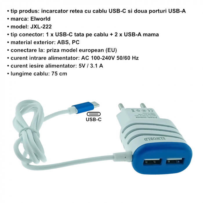 Set incarcator retea, 3.1A, 2 X USB, Elworld JXL-222, cu cablu USB Tip C tata, alb cu albastru [6]