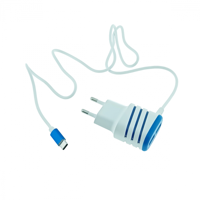 Set incarcator retea, 3.1A, 2 X USB, Elworld JXL-222, cu cablu USB Tip C tata, alb cu albastru [2]