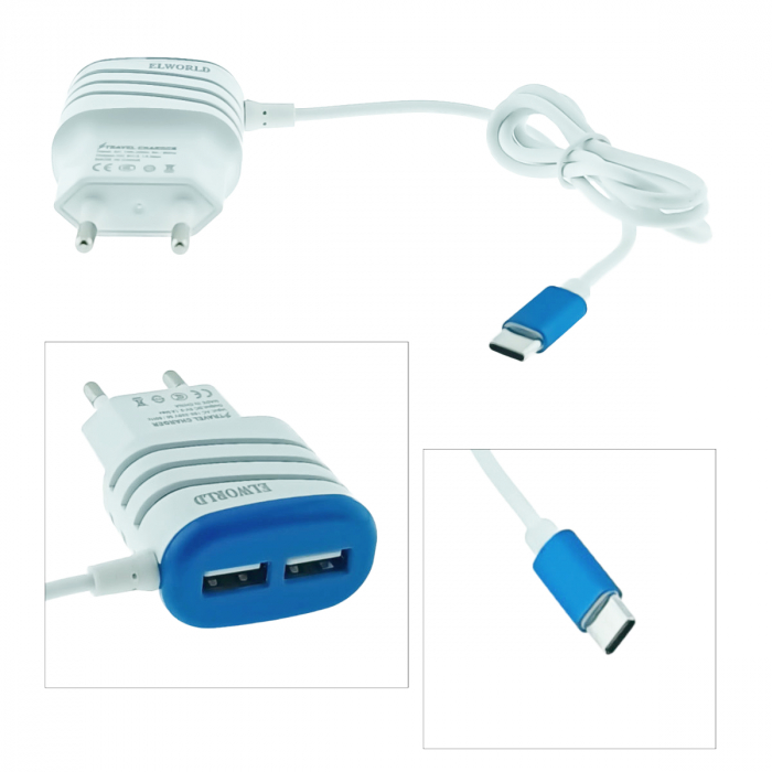 Set incarcator retea, 3.1A, 2 X USB, Elworld JXL-222, cu cablu USB Tip C tata, alb cu albastru [4]