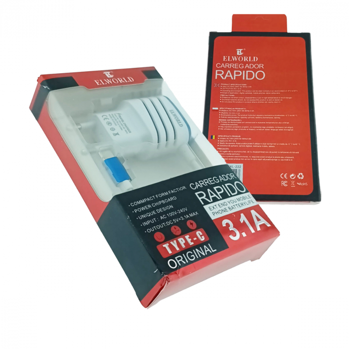 Set incarcator retea, 3.1A, 2 X USB, Elworld JXL-222, cu cablu USB Tip C tata, alb cu albastru [5]