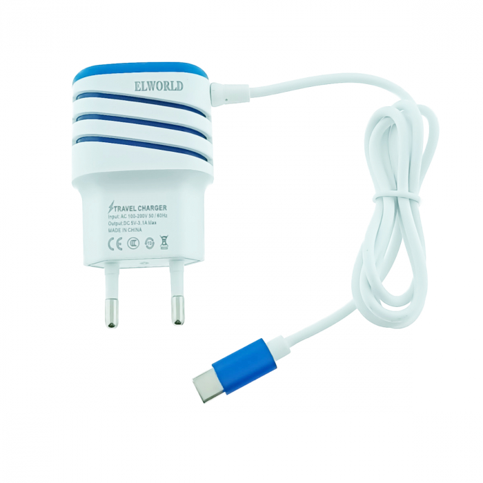 Set incarcator retea, 3.1A, 2 X USB, Elworld JXL-222, cu cablu USB Tip C tata, alb cu albastru [3]