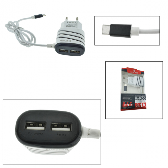Set incarcator retea, 3.1A, 2 X USB, Elworld JXL-222, cu cablu USB Tip C tata, alb cu negru [4]