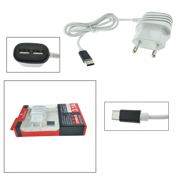 Set incarcator retea, 3.1A, 2 X USB, Elworld JXL-222, cu cablu USB Tip C tata, alb cu negru [5]