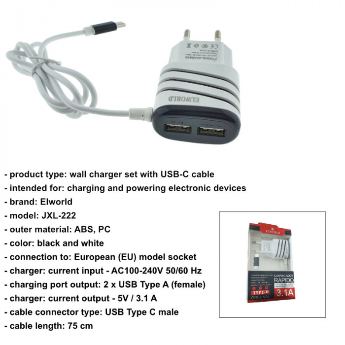 Set incarcator retea, 3.1A, 2 X USB, Elworld JXL-222, cu cablu USB Tip C tata, alb cu negru [6]