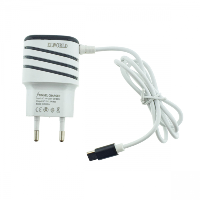 Set incarcator retea, 3.1A, 2 X USB, Elworld JXL-222, cu cablu USB Tip C tata, alb cu negru [3]