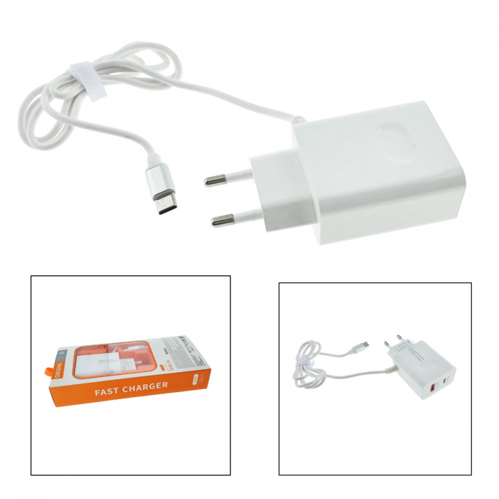 Set incarcator retea cu cablu USB Tip C, QC 3.0, PD, 20W, cu port USB si USB de tip C, P07-W, alb [4]