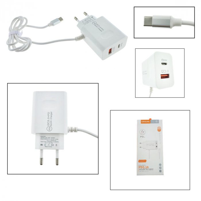 Set incarcator retea cu cablu USB Tip C, QC 3.0, PD, 20W, cu port USB si USB de tip C, P07-W, alb [5]