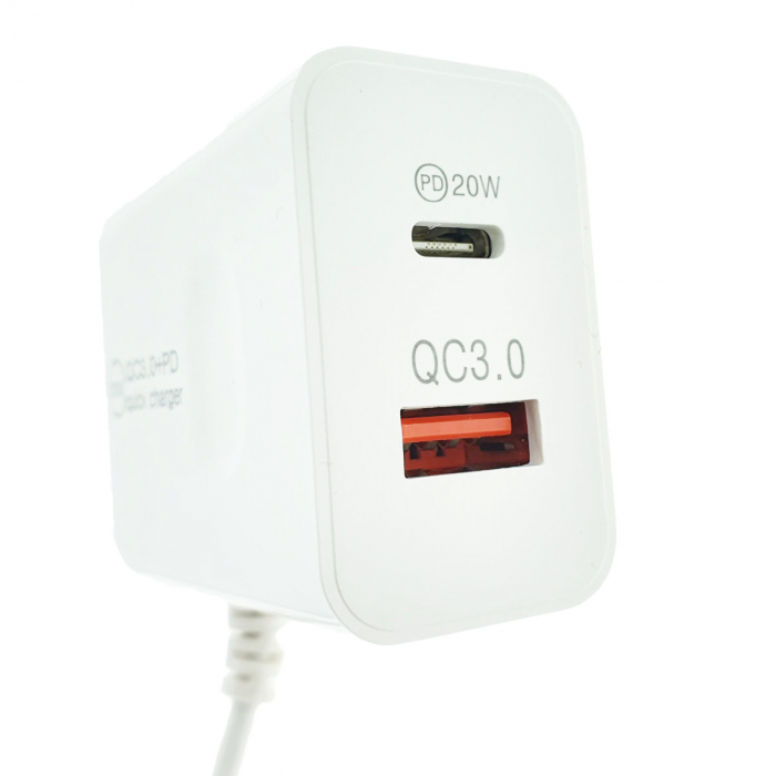 Set incarcator retea cu cablu USB Tip C, QC 3.0, PD, 20W, cu port USB si USB de tip C, P07-W, alb [3]
