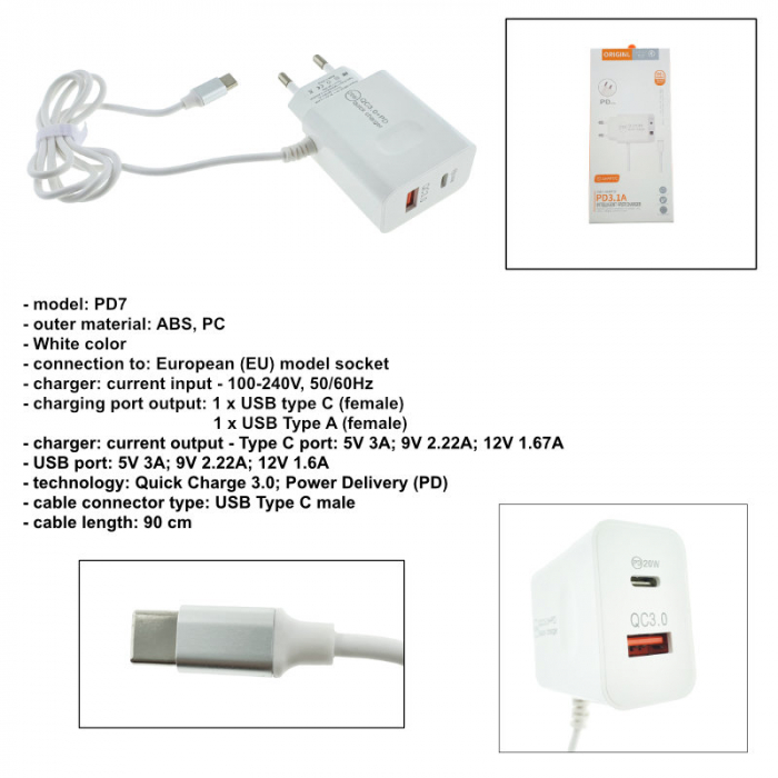 Set incarcator retea cu cablu USB Tip C, QC 3.0, PD, 20W, cu port USB si USB de tip C, P07-W, alb [6]
