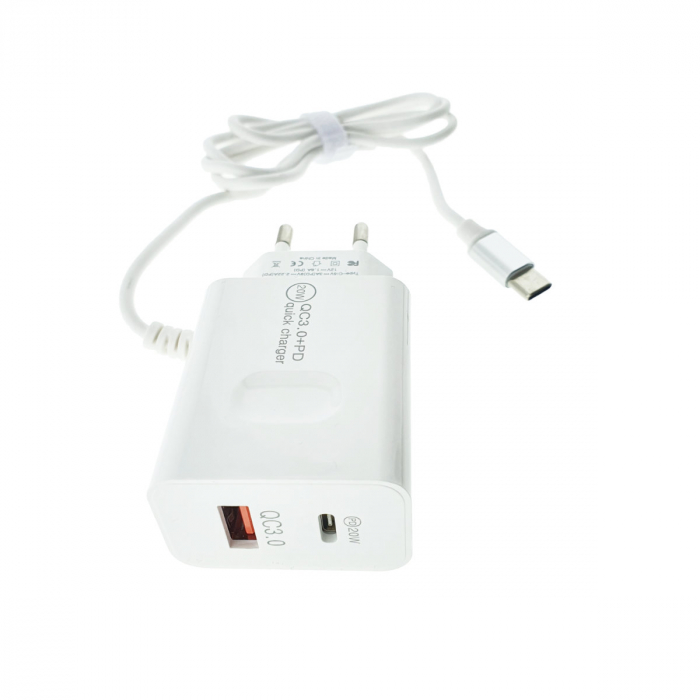Set incarcator retea cu cablu USB Tip C, QC 3.0, PD, 20W, cu port USB si USB de tip C, P07-W, alb [1]