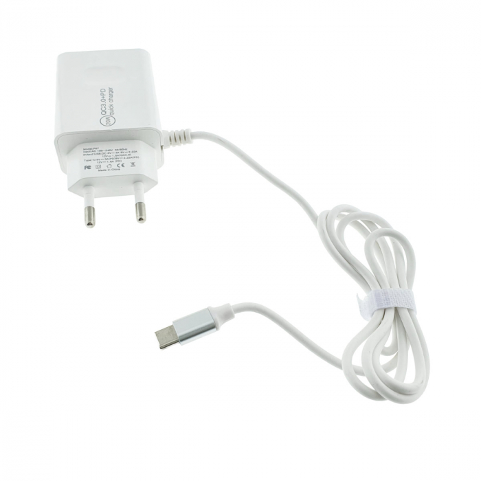 Set incarcator retea cu cablu USB Tip C, QC 3.0, PD, 20W, cu port USB si USB de tip C, P07-W, alb [2]