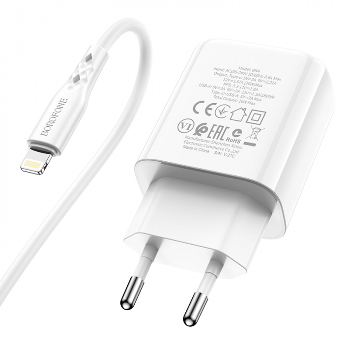 Set incarcator retea cu cablu USB Tip C tata la Tip Lightning, Borofone 74809 BN4, QC 3.0, 20W, cu port USB si USB de tip C, alb [4]