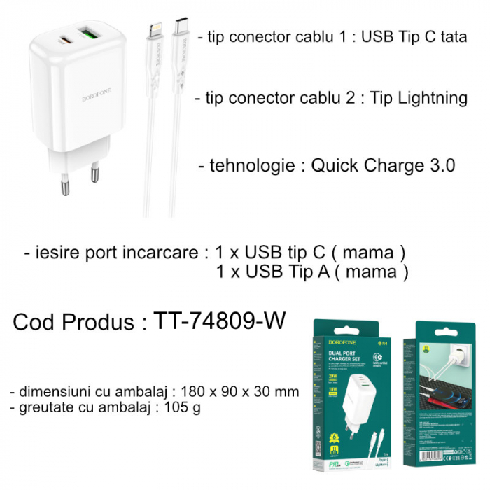 Set incarcator retea cu cablu USB Tip C tata la Tip Lightning, Borofone 74809 BN4, QC 3.0, 20W, cu port USB si USB de tip C, alb [9]
