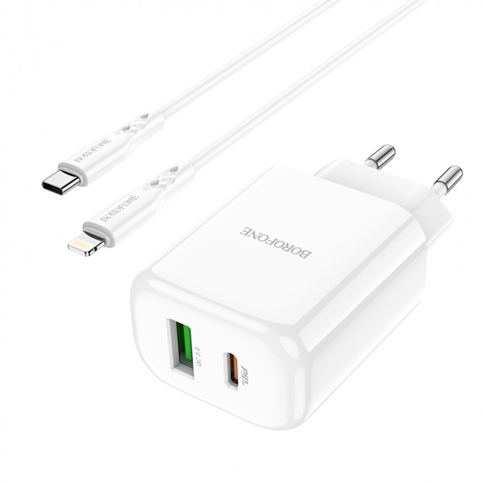 Set incarcator retea cu cablu USB Tip C tata la Tip Lightning, Borofone 74809 BN4, QC 3.0, 20W, cu port USB si USB de tip C, alb [3]