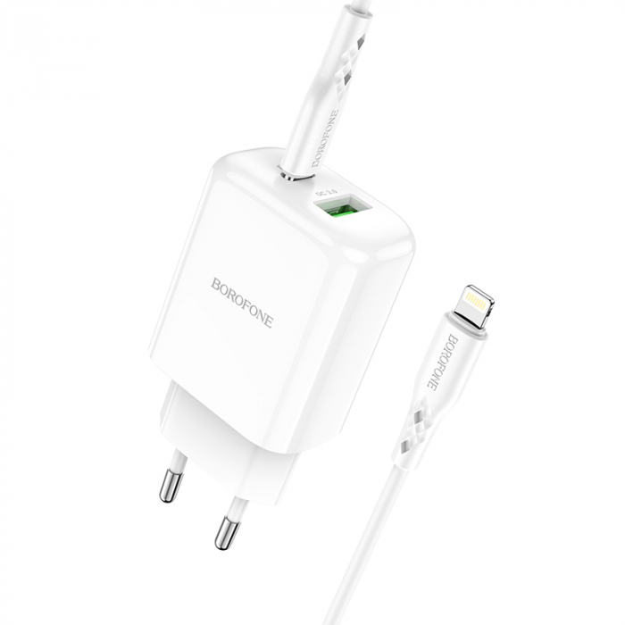 Set incarcator retea cu cablu USB Tip C tata la Tip Lightning, Borofone 74809 BN4, QC 3.0, 20W, cu port USB si USB de tip C, alb [2]