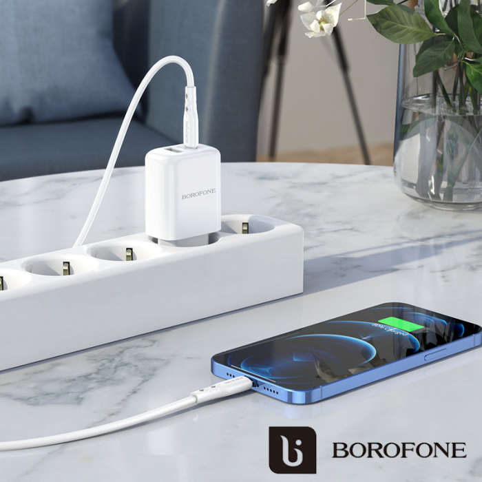Set incarcator retea cu cablu USB Tip C tata la Tip Lightning, Borofone 74809 BN4, QC 3.0, 20W, cu port USB si USB de tip C, alb [7]