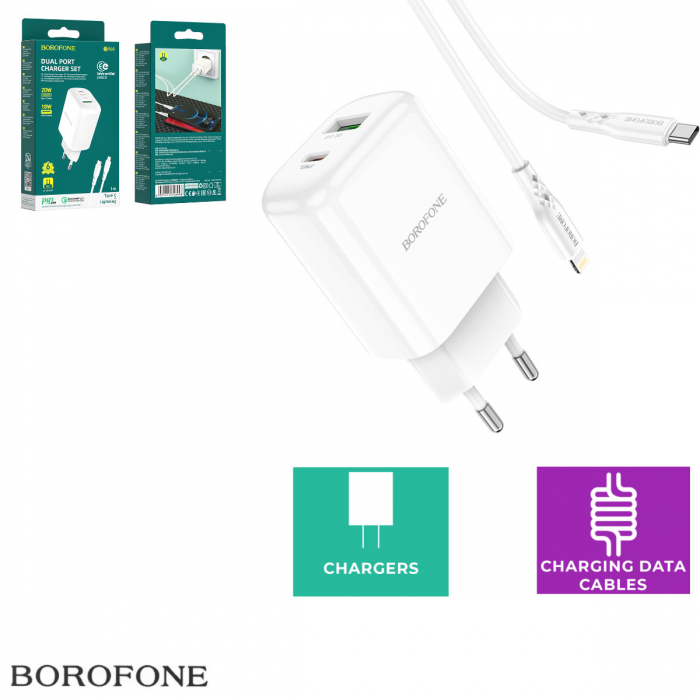 Set incarcator retea cu cablu USB Tip C tata la Tip Lightning, Borofone 74809 BN4, QC 3.0, 20W, cu port USB si USB de tip C, alb [5]