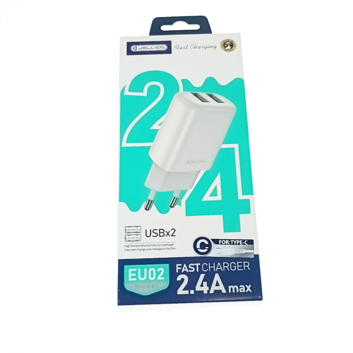 Set incarcator retea cu 2 porturi USB si cablu USB-C lungime 1m, 5V, 2.4A, Jellico EU02 20326, alb [4]