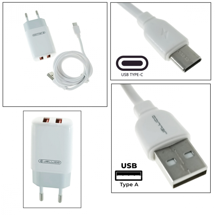 Set incarcator retea cu 2 porturi USB si cablu USB-C lungime 1m, 5V, 2.4A, Jellico EU02 20326, alb [3]