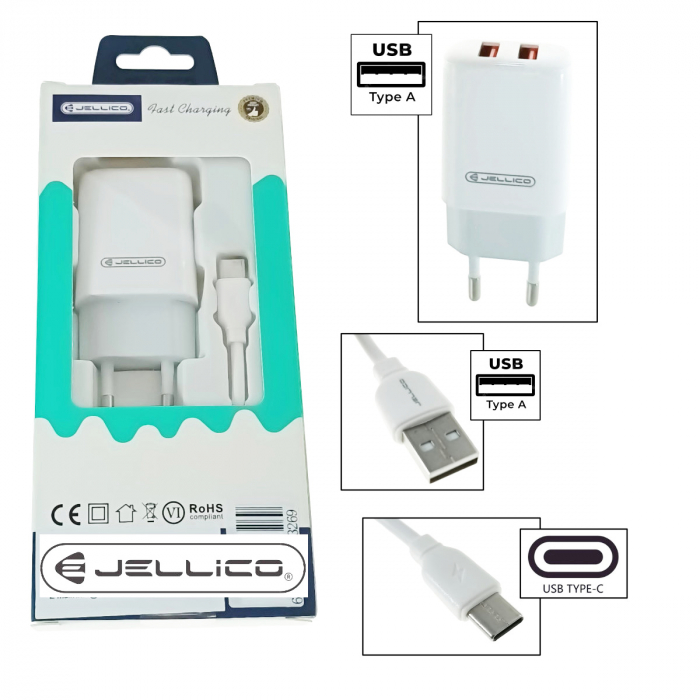 Set incarcator retea cu 2 porturi USB si cablu USB-C lungime 1m, 5V, 2.4A, Jellico EU02 20326, alb [5]