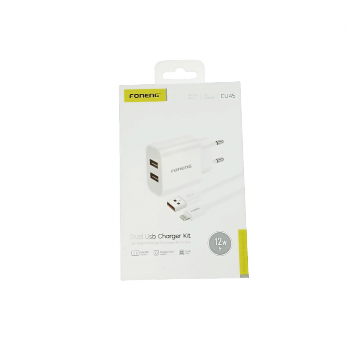 Set incarcator retea FONENG EU45, 2.4A 12 W, 1 X USB, cu cablu USB si conector compatibil tip lightning cu lungime 1m, alb [4]