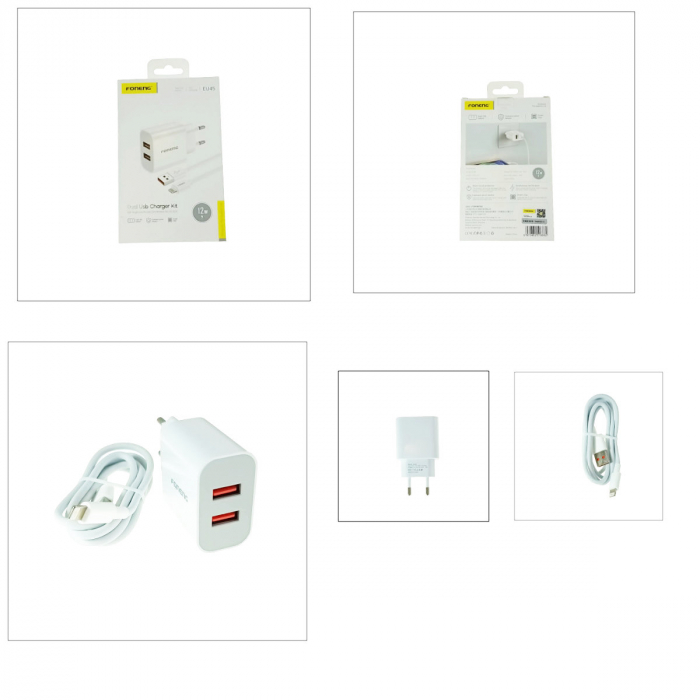 Set incarcator retea FONENG EU45, 2.4A 12 W, 1 X USB, cu cablu USB si conector compatibil tip lightning cu lungime 1m, alb [5]
