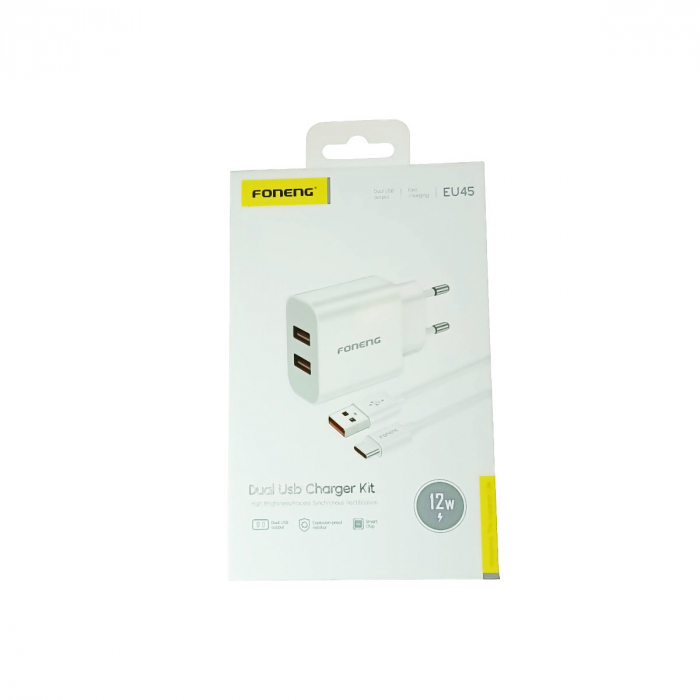 Set incarcator retea FONENG EU45, 2.4A 12W, 2 X USB, cu cablu USB si conector Tip C tata, cu lungime 1m, alb [4]
