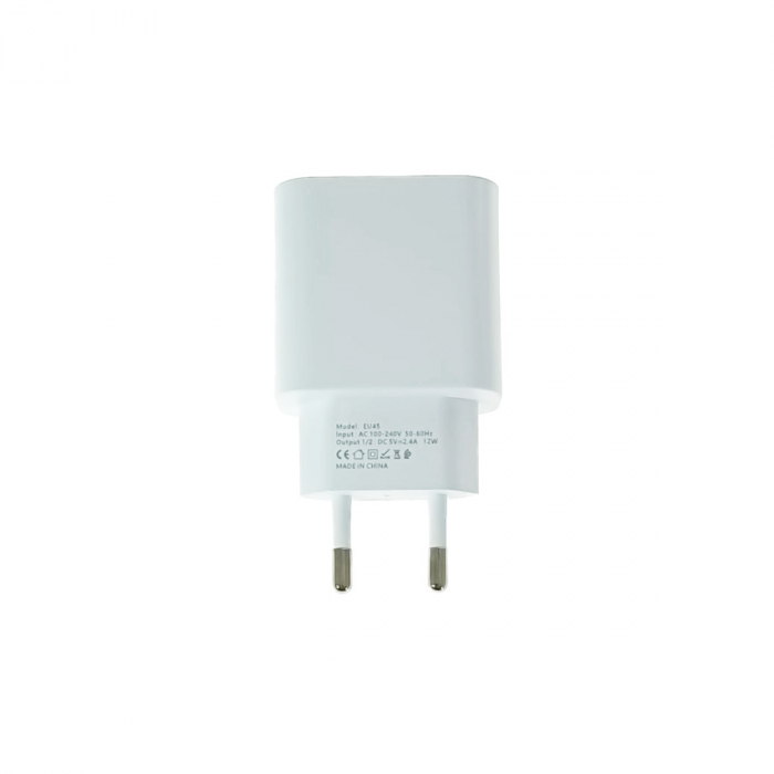 Set incarcator retea FONENG EU45, 2.4A 12W, 2 X USB, cu cablu USB si conector Tip C tata, cu lungime 1m, alb [2]