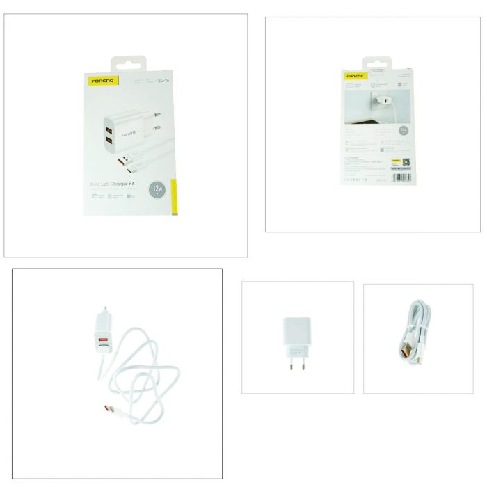 Set incarcator retea FONENG EU45, 2.4A 12W, 2 X USB, cu cablu USB si conector Tip C tata, cu lungime 1m, alb [5]