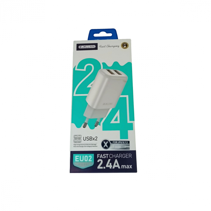 Set incarcator retea JELLICO EU02, 2.4A 12W, 2 X USB, cu cablu USB si conector compatibil iphone cu lungime 1m, alb [3]