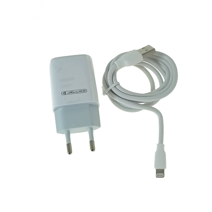 Set incarcator retea JELLICO EU02, 2.4A 12W, 2 X USB, cu cablu USB si conector compatibil iphone cu lungime 1m, alb [1]