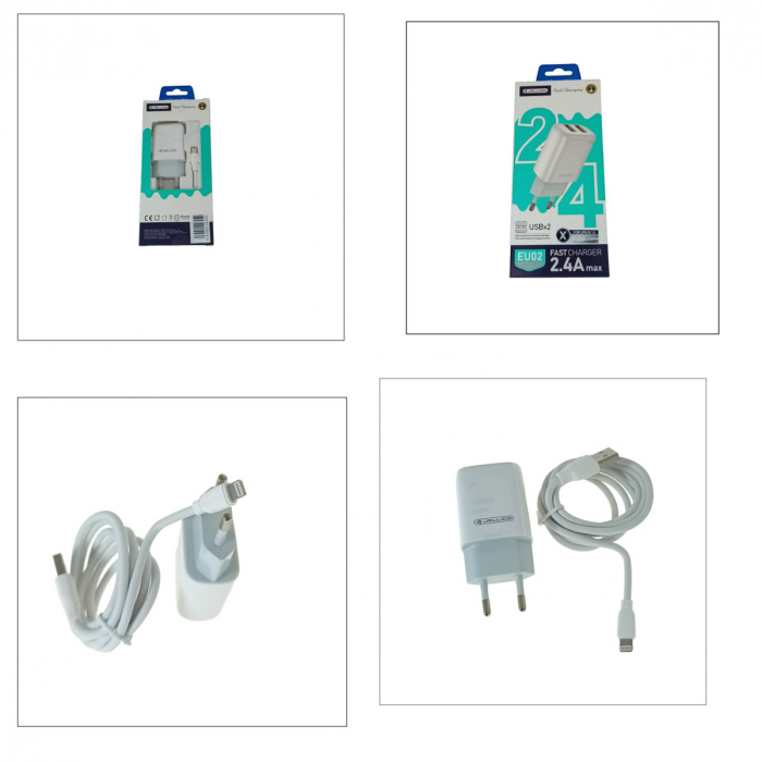 Set incarcator retea JELLICO EU02, 2.4A 12W, 2 X USB, cu cablu USB si conector compatibil iphone cu lungime 1m, alb [6]