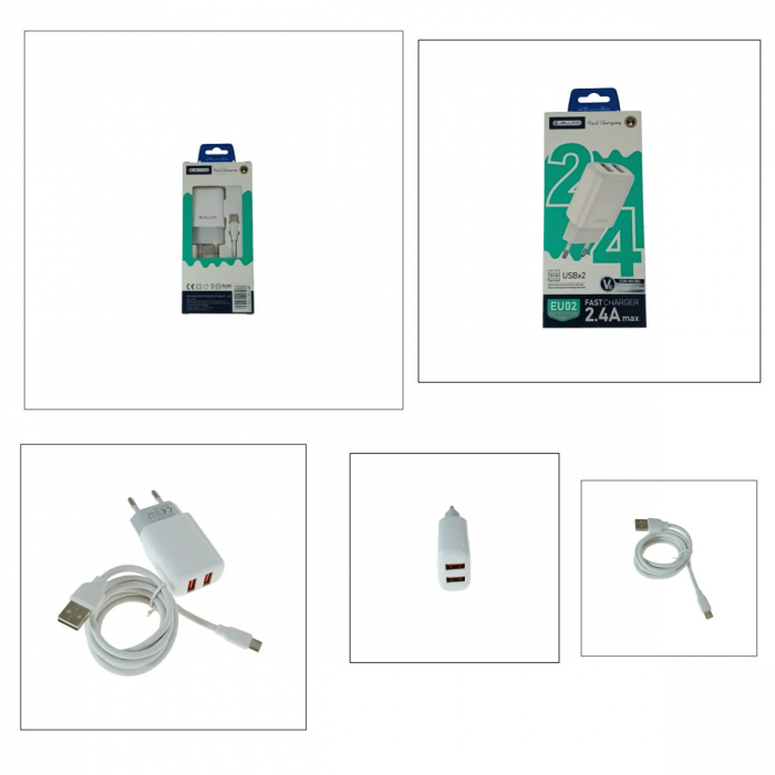 Set incarcator retea JELLICO EU02, 2.4A 12W, 2 X USB, cu cablu USB si conector microUSB tata, cu lungime 1m, alb [6]
