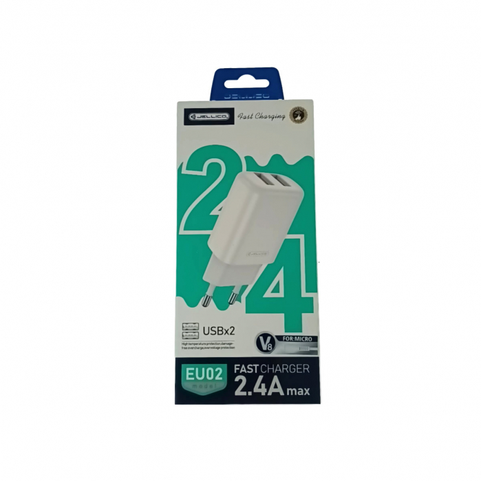 Set incarcator retea JELLICO EU02, 2.4A 12W, 2 X USB, cu cablu USB si conector microUSB tata, cu lungime 1m, alb [3]
