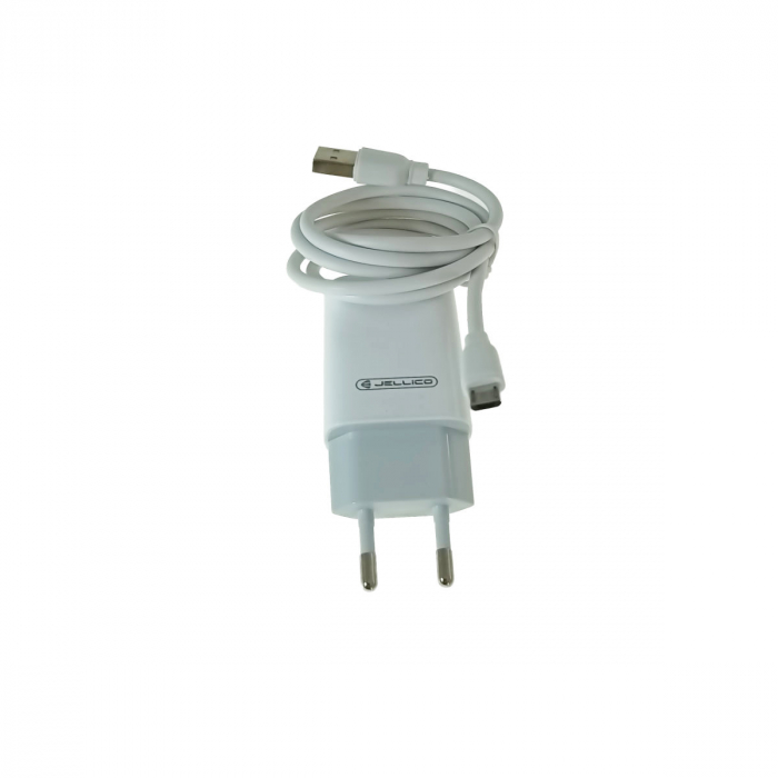 Set incarcator retea JELLICO EU02, 2.4A 12W, 2 X USB, cu cablu USB si conector microUSB tata, cu lungime 1m, alb [2]
