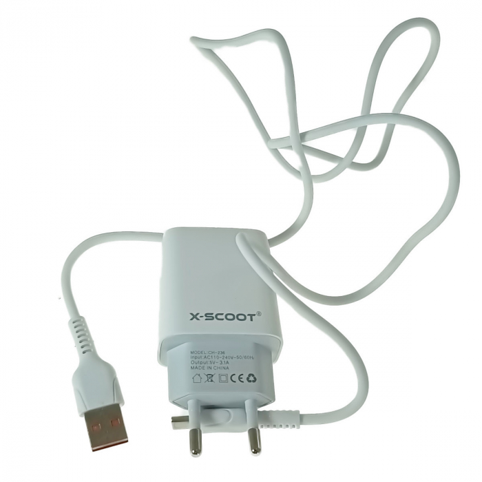 Set incarcator retea X-Scoot CH-236, 3.1A, 2 X USB, cablu USB si conector USB-C tata cu lungime 1m, alb [3]