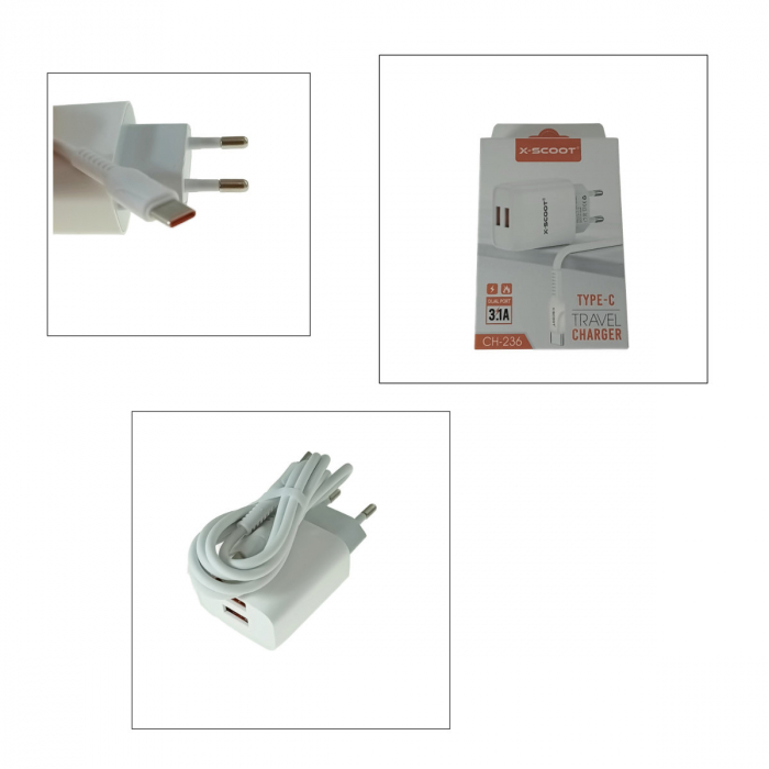 Set incarcator retea X-Scoot CH-236, 3.1A, 2 X USB, cablu USB si conector USB-C tata cu lungime 1m, alb [6]