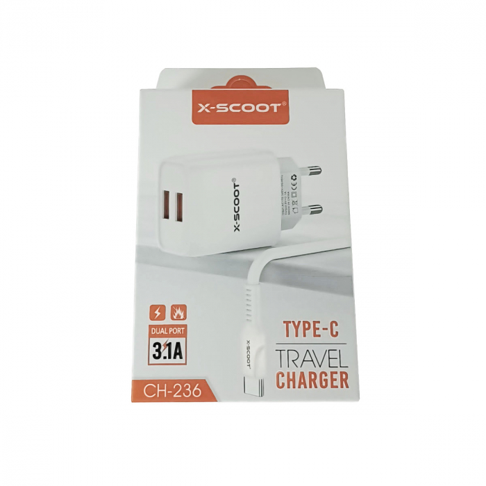 Set incarcator retea X-Scoot CH-236, 3.1A, 2 X USB, cablu USB si conector USB-C tata cu lungime 1m, alb [5]