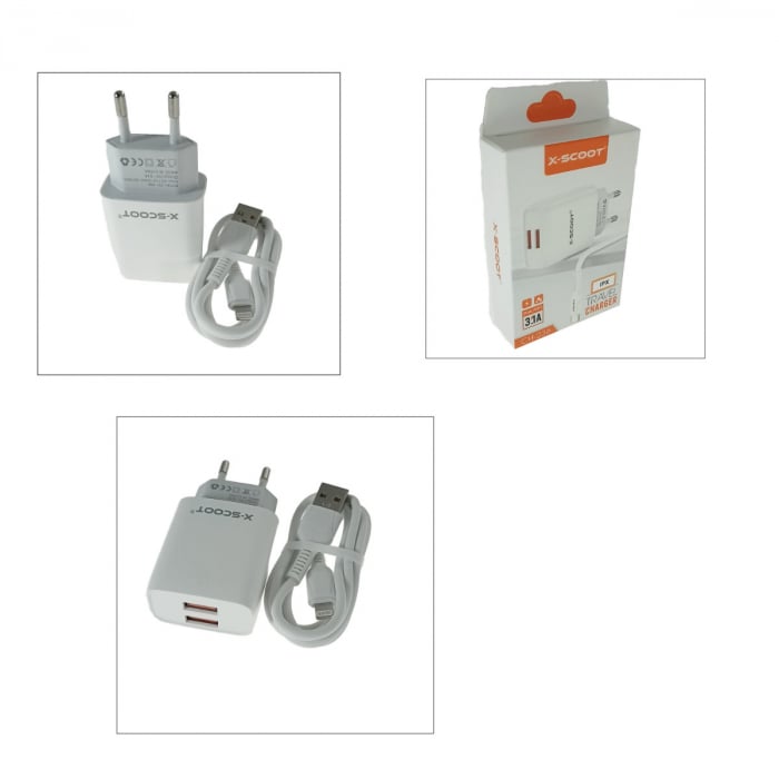 Set incarcator retea X-Scoot CH-236-L, 3.1A, 2 X USB, cablu USB si conector tip lightning tata, lungime 1m, alb [4]