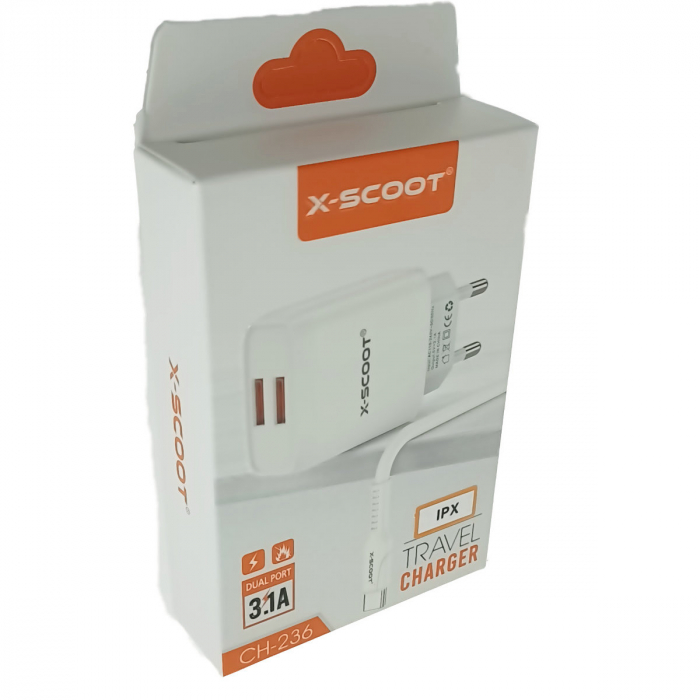 Set incarcator retea X-Scoot CH-236-L, 3.1A, 2 X USB, cablu USB si conector tip lightning tata, lungime 1m, alb [3]