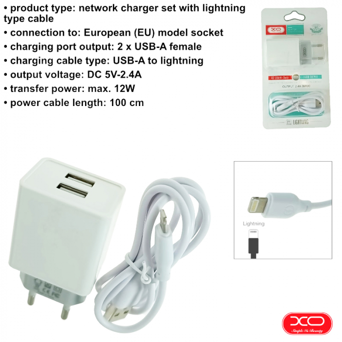 Set incarcator retea XO-L65 87134, cu cablu USB -lightning de 100 cm, 2 x USB, 2.4 A, alb [7]