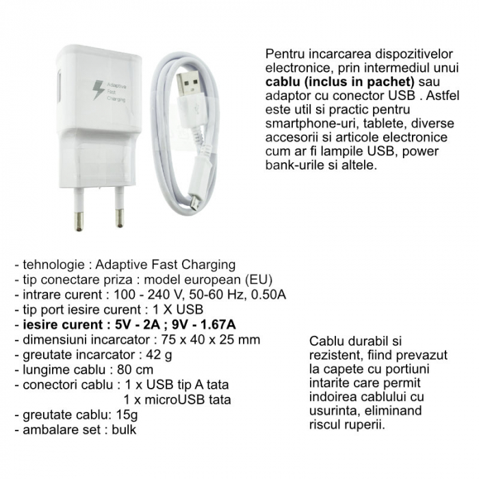 Set incarcator USB 2A, cu cablu microUSB 80 cm, Travel Adapter, Adaptive Fast Charging, alb, bulk [6]