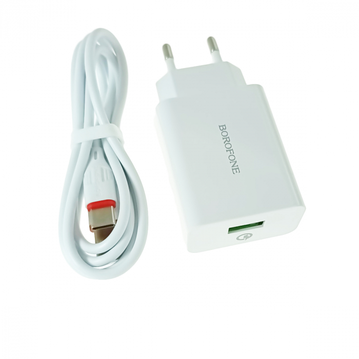 Set incarcator USB 18W, cu cablu USB-C lungime 1m, Borofone 70248, Quick Charge 3.0, 100 - 240V, 3A, alb [2]