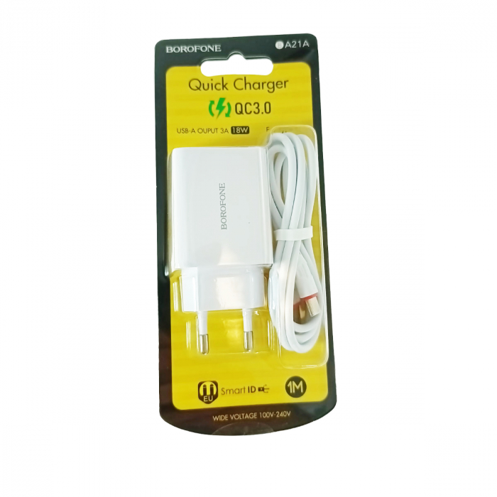 Set incarcator USB 18W, cu cablu USB-C lungime 1m, Borofone 70248, Quick Charge 3.0, 100 - 240V, 3A, alb [5]