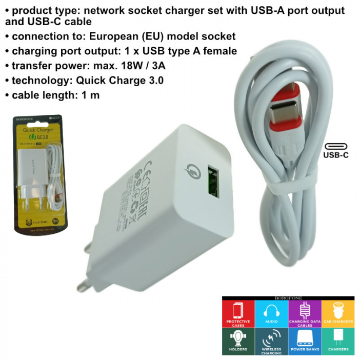 Set incarcator USB 18W, cu cablu USB-C lungime 1m, Borofone 70248, Quick Charge 3.0, 100 - 240V, 3A, alb [6]